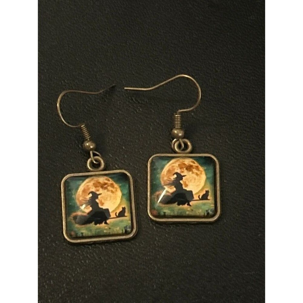 Witch & Black Cat Full Moon Dangle Earrings